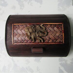 Handmade Curved Rectangular Decorative Wood Box with Elephant Made in Myanmar